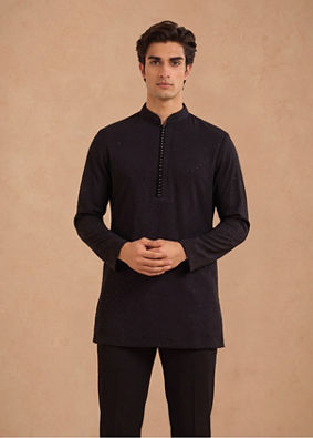 Manyavar Men Black Rayon Short Kurta