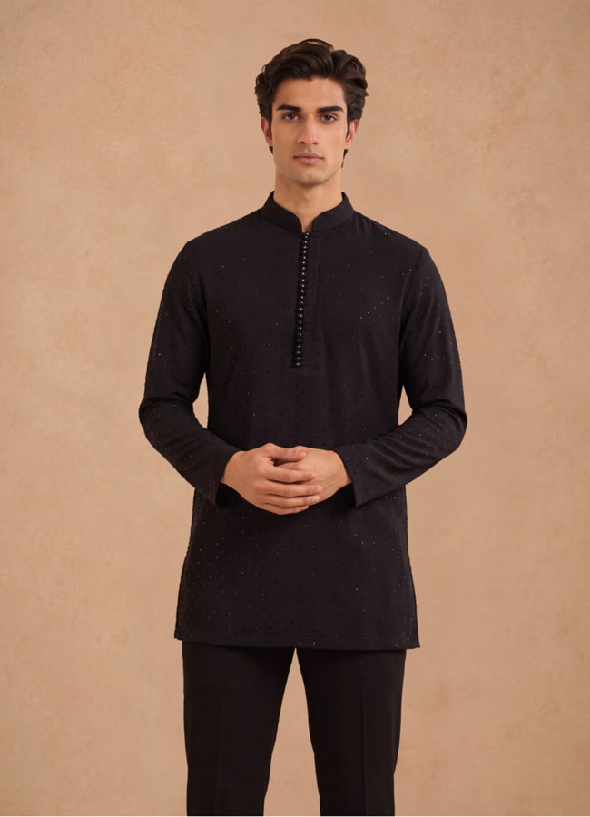 Manyavar Men Black Rayon Short Kurta