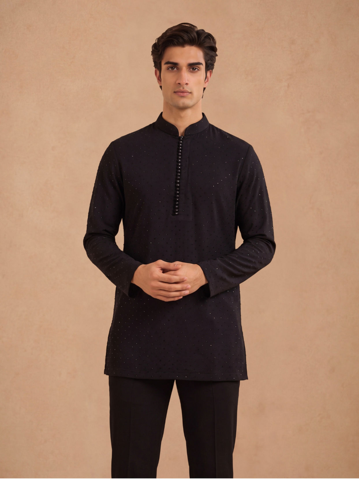 Manyavar Men Black Rayon Short Kurta