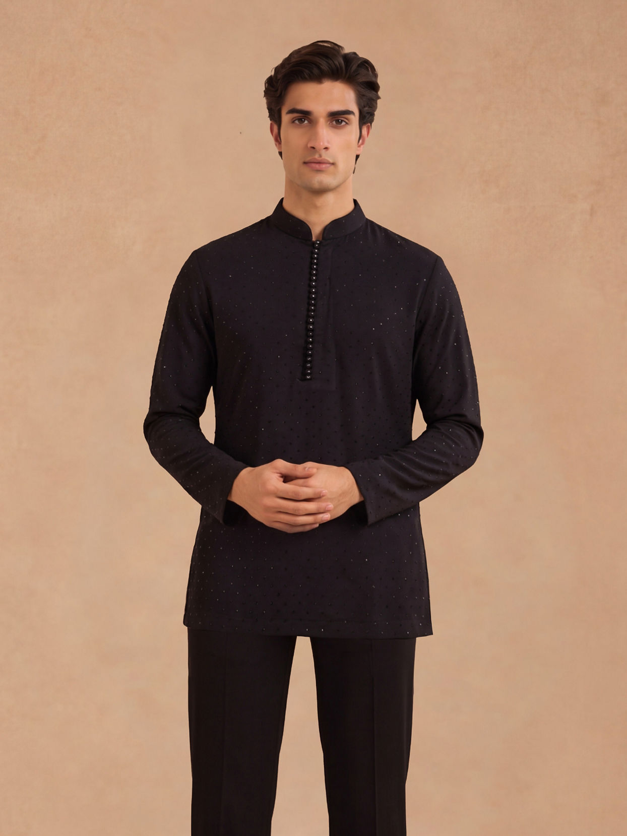 Manyavar Men Black Rayon Short Kurta