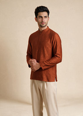 Manyavar Men Brown Silk Short Kurta with Textured Pattern