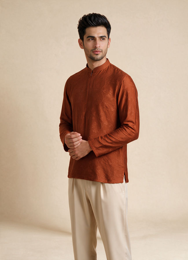 Manyavar Men Brown Silk Short Kurta with Textured Pattern