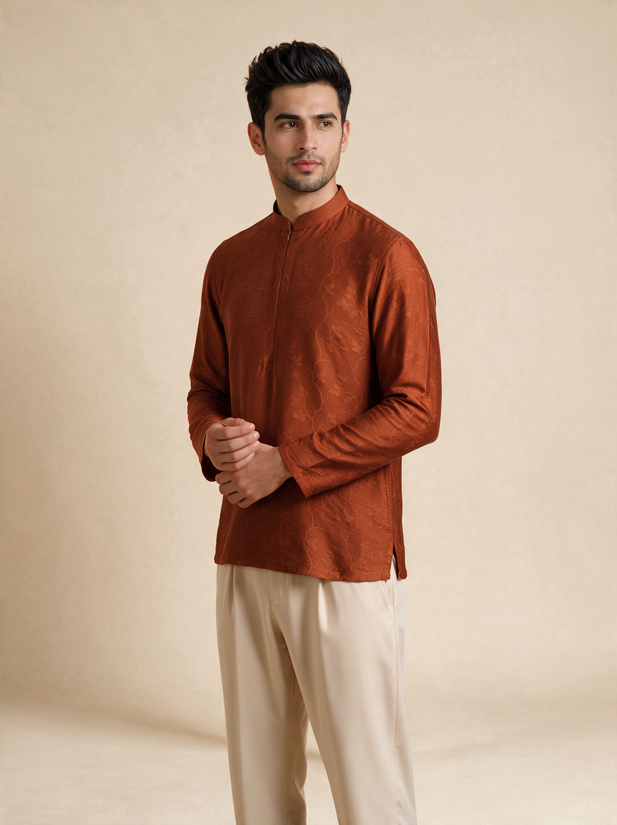 Manyavar Men Brown Silk Short Kurta with Textured Pattern