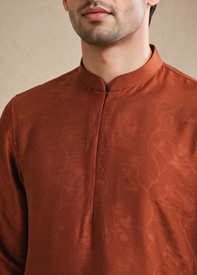 Manyavar Men Brown Silk Short Kurta with Textured Pattern