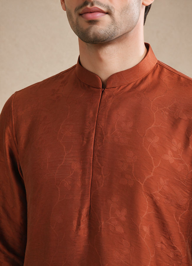 Manyavar Men Brown Silk Short Kurta with Textured Pattern