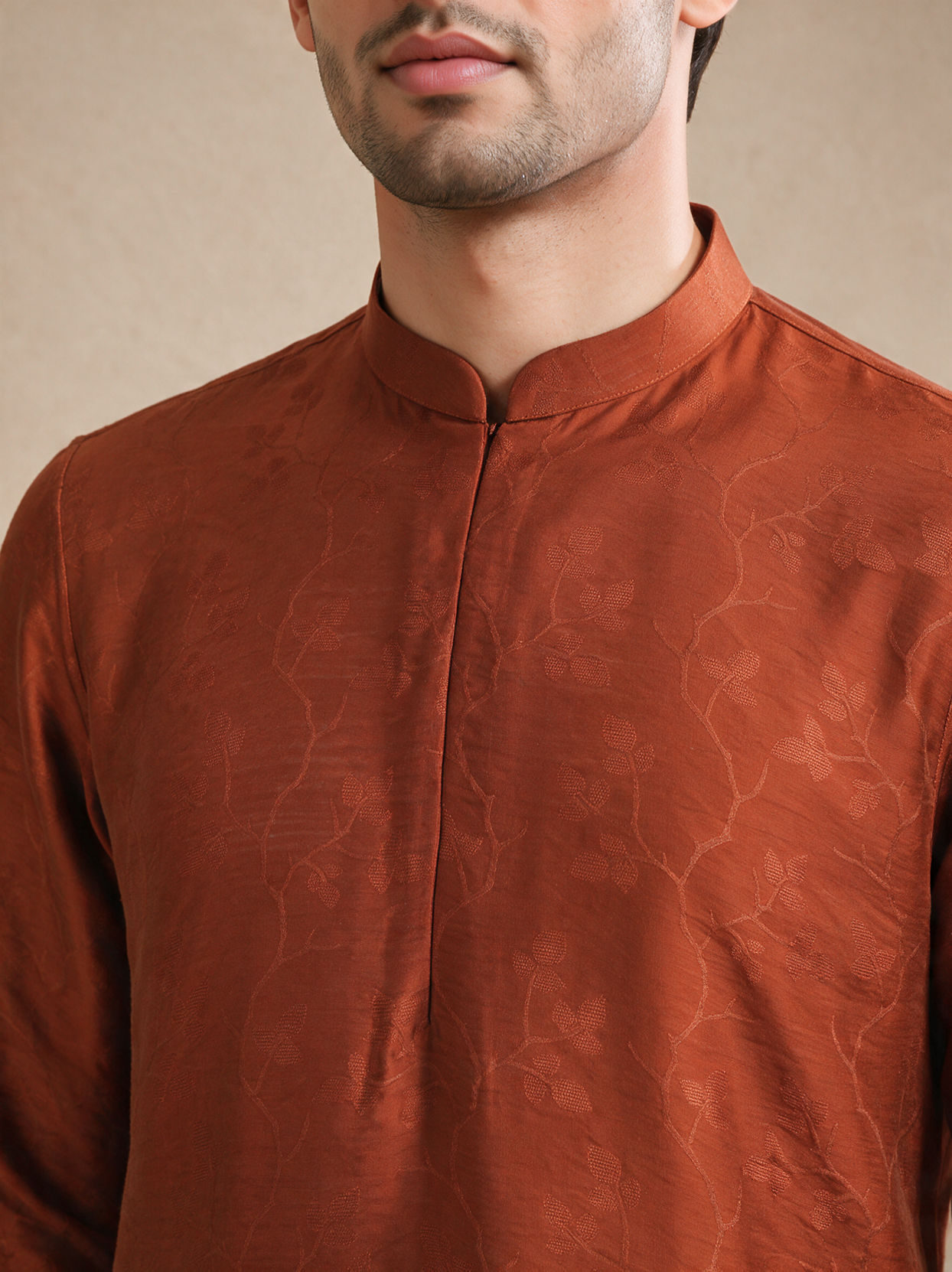 Manyavar Men Brown Silk Short Kurta with Textured Pattern
