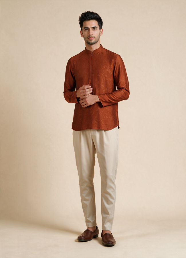 Manyavar Men Brown Silk Short Kurta with Textured Pattern