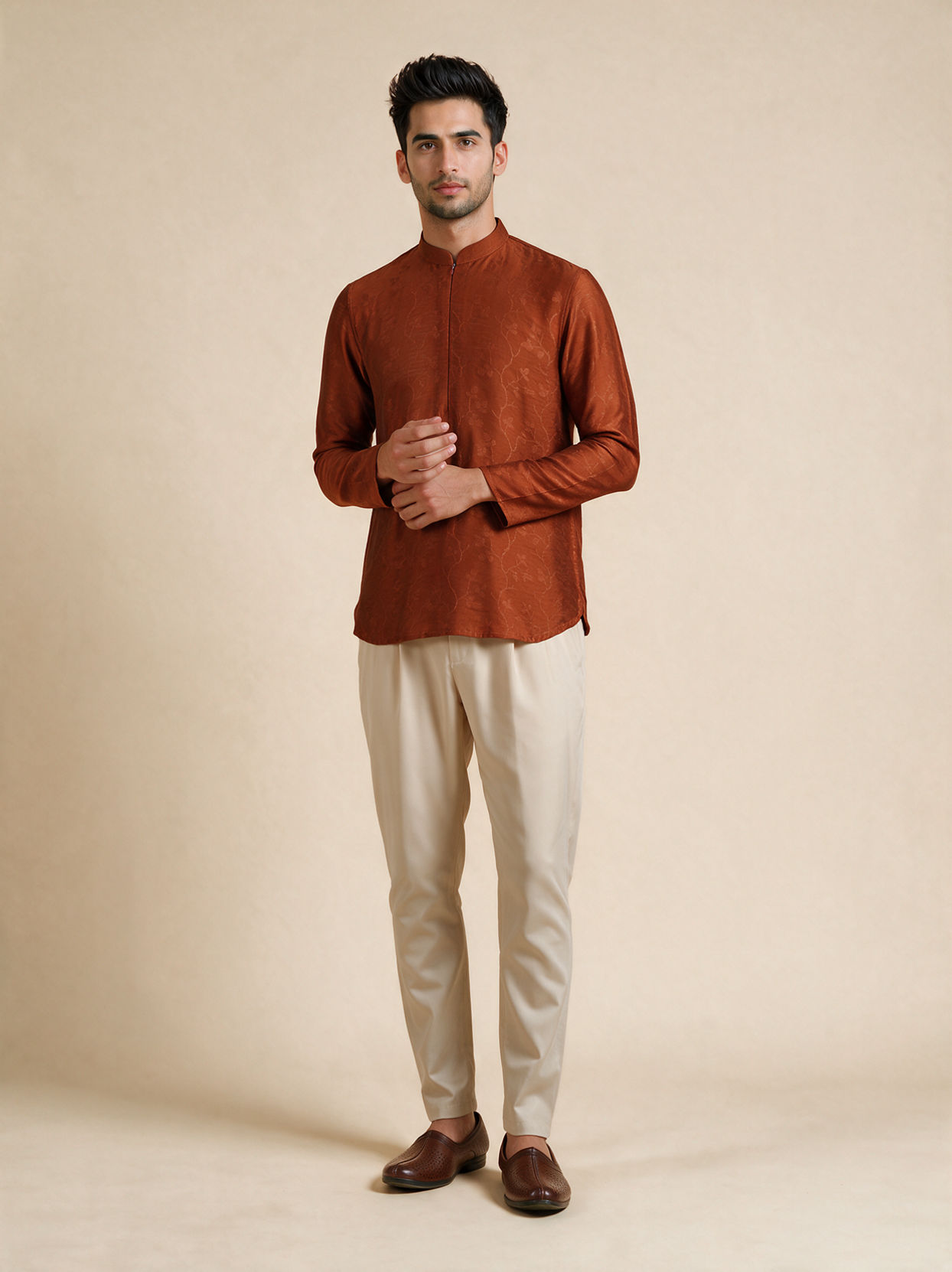 Manyavar Men Brown Silk Short Kurta with Textured Pattern