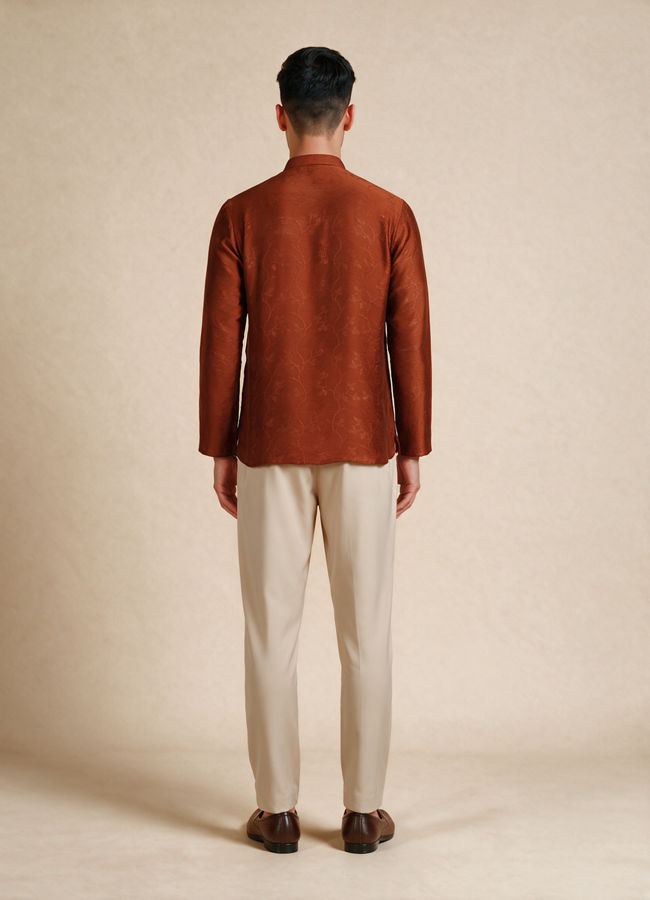 Manyavar Men Brown Silk Short Kurta with Textured Pattern