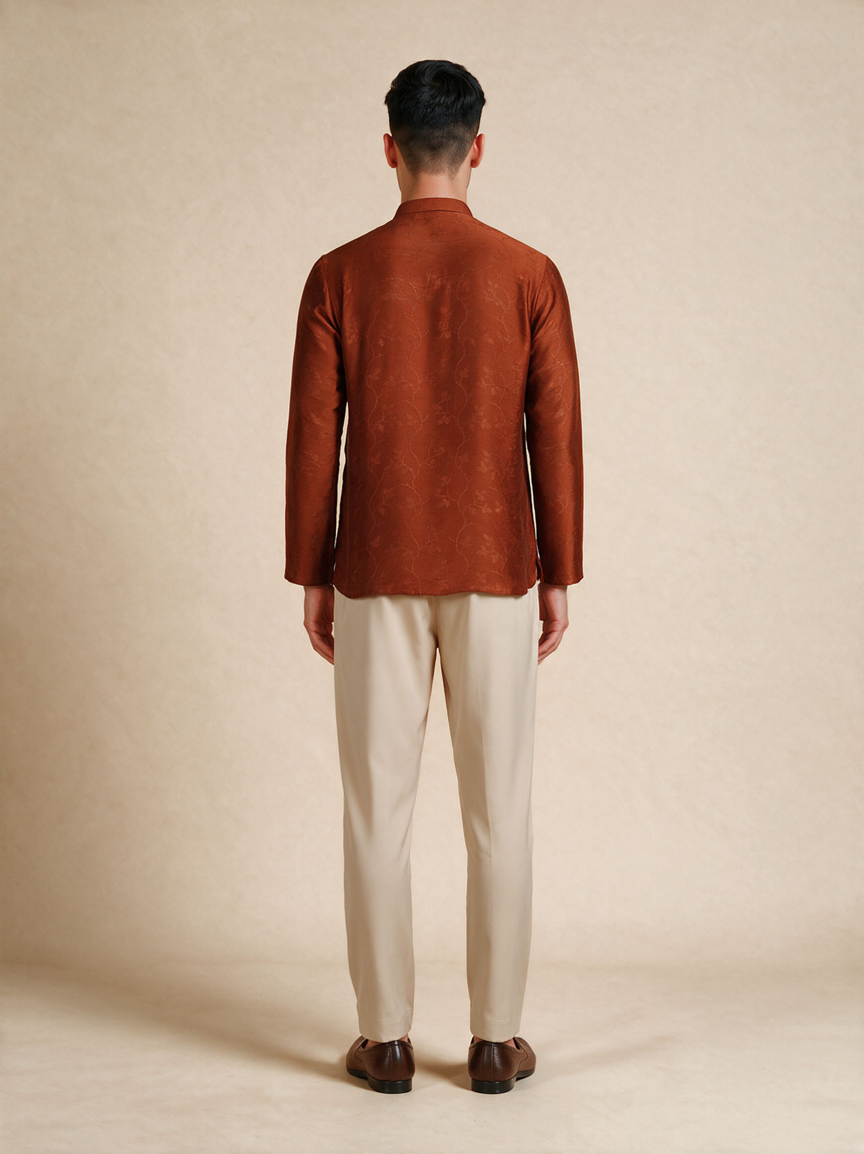 Manyavar Men Brown Silk Short Kurta with Textured Pattern