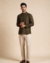 Manyavar Men Olive Green Silk Short Kurta with Self-Texture