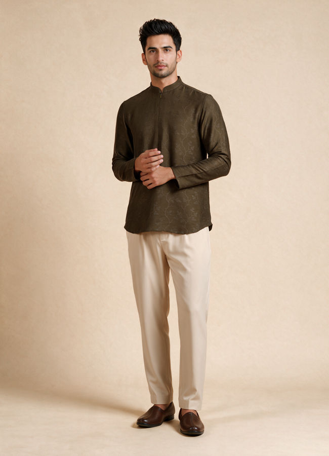 Manyavar Men Olive Green Silk Short Kurta with Self-Texture