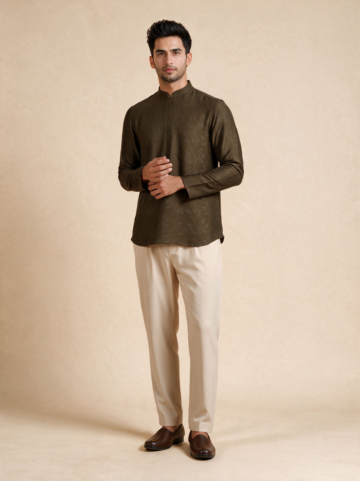 Manyavar Men Olive Green Silk Short Kurta with Self-Texture