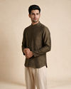 Manyavar Men Olive Green Silk Short Kurta with Self-Texture