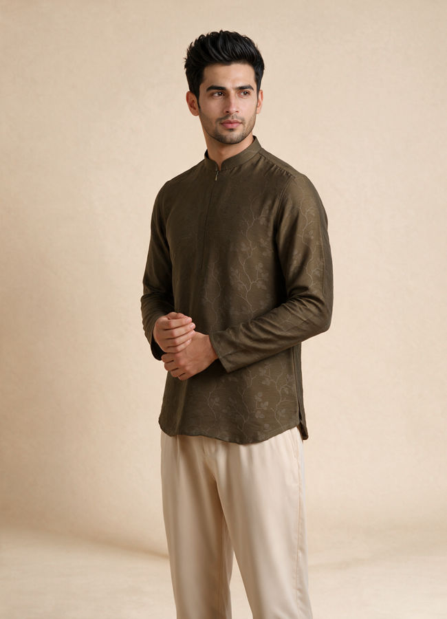 Manyavar Men Olive Green Silk Short Kurta with Self-Texture