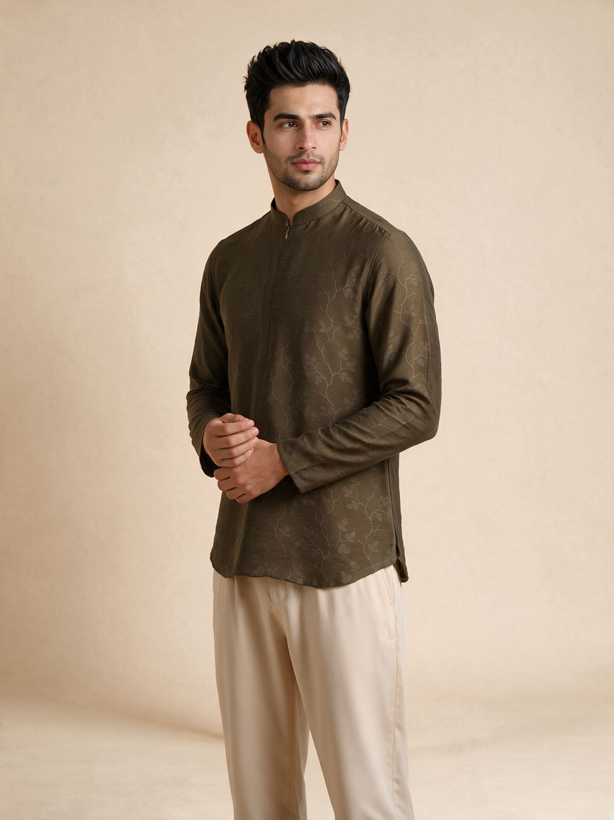 Manyavar Men Olive Green Silk Short Kurta with Self-Texture