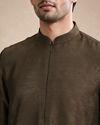 Manyavar Men Olive Green Silk Short Kurta with Self-Texture