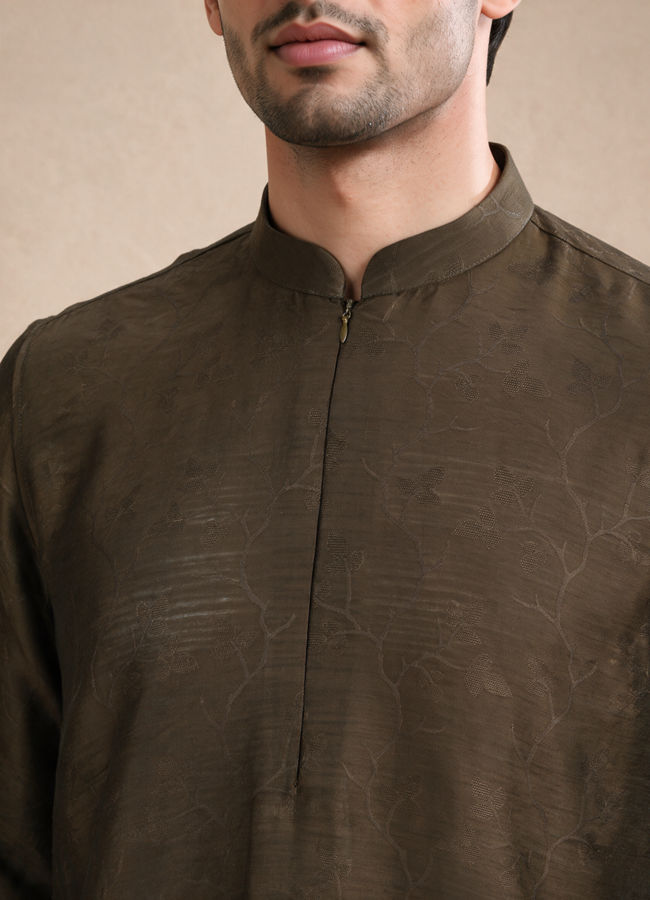 Manyavar Men Olive Green Silk Short Kurta with Self-Texture