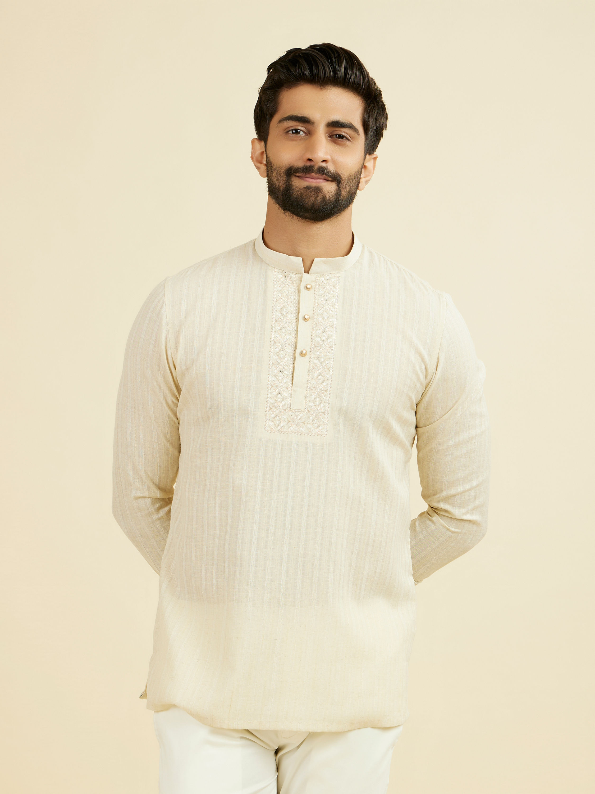 Manyavar Men Beige Festive Short Kurta