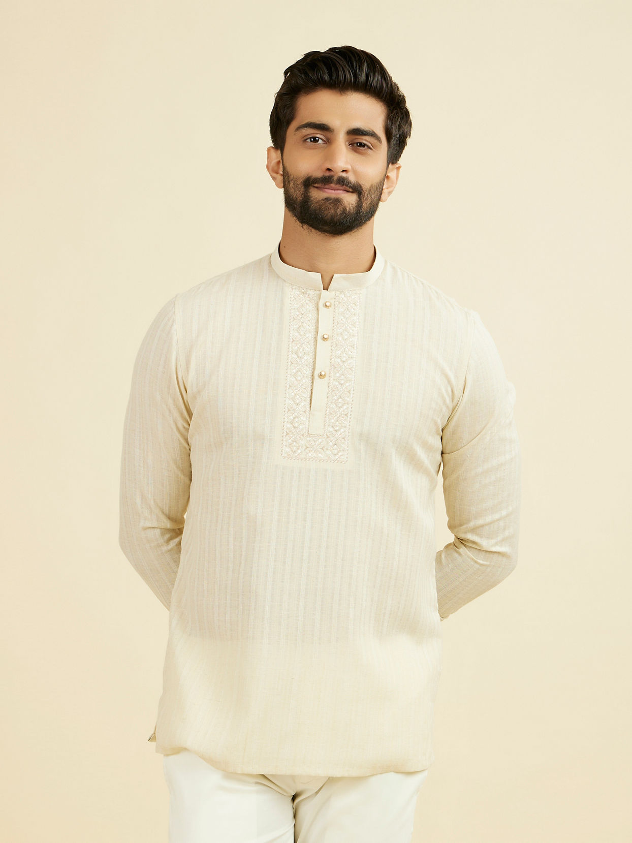 Manyavar Men Beige Festive Short Kurta