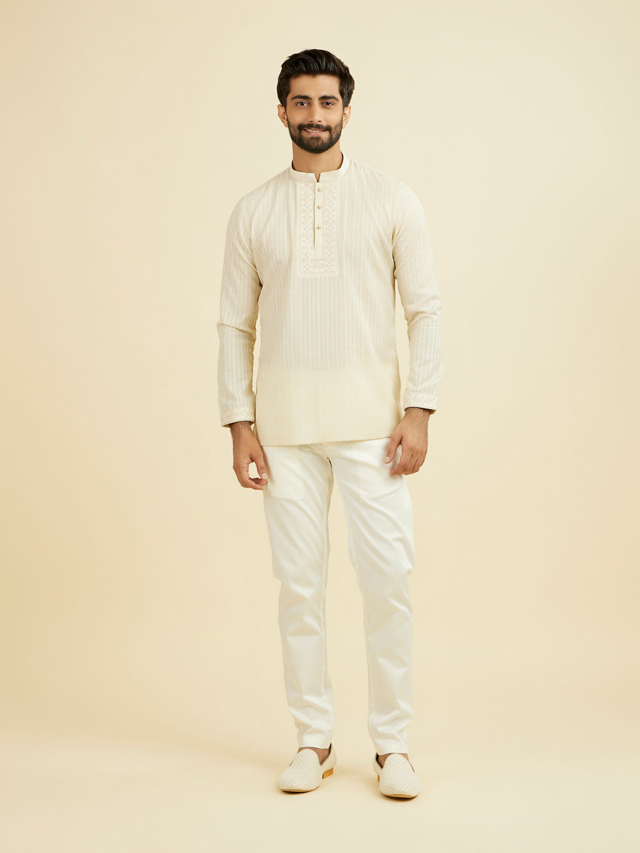 Manyavar Men Beige Festive Short Kurta