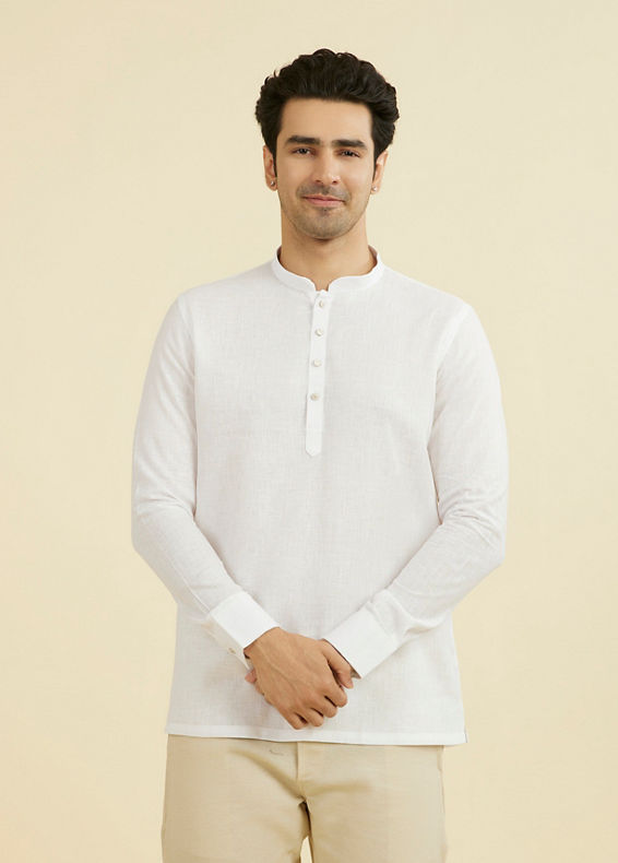 Manyavar Men White Linen Short Kurta