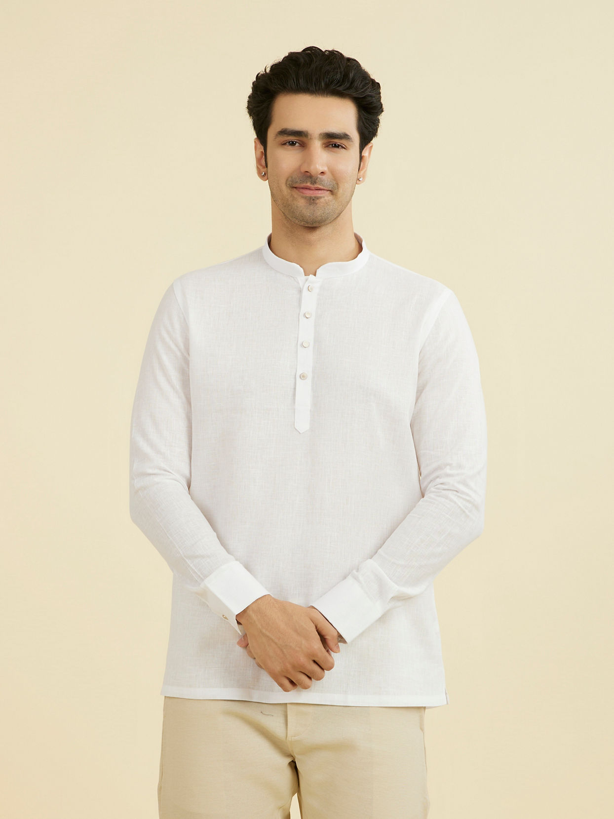 Manyavar Men White Linen Short Kurta