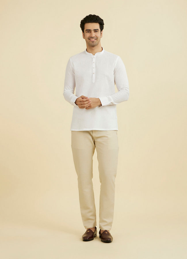 Manyavar Men White Linen Short Kurta