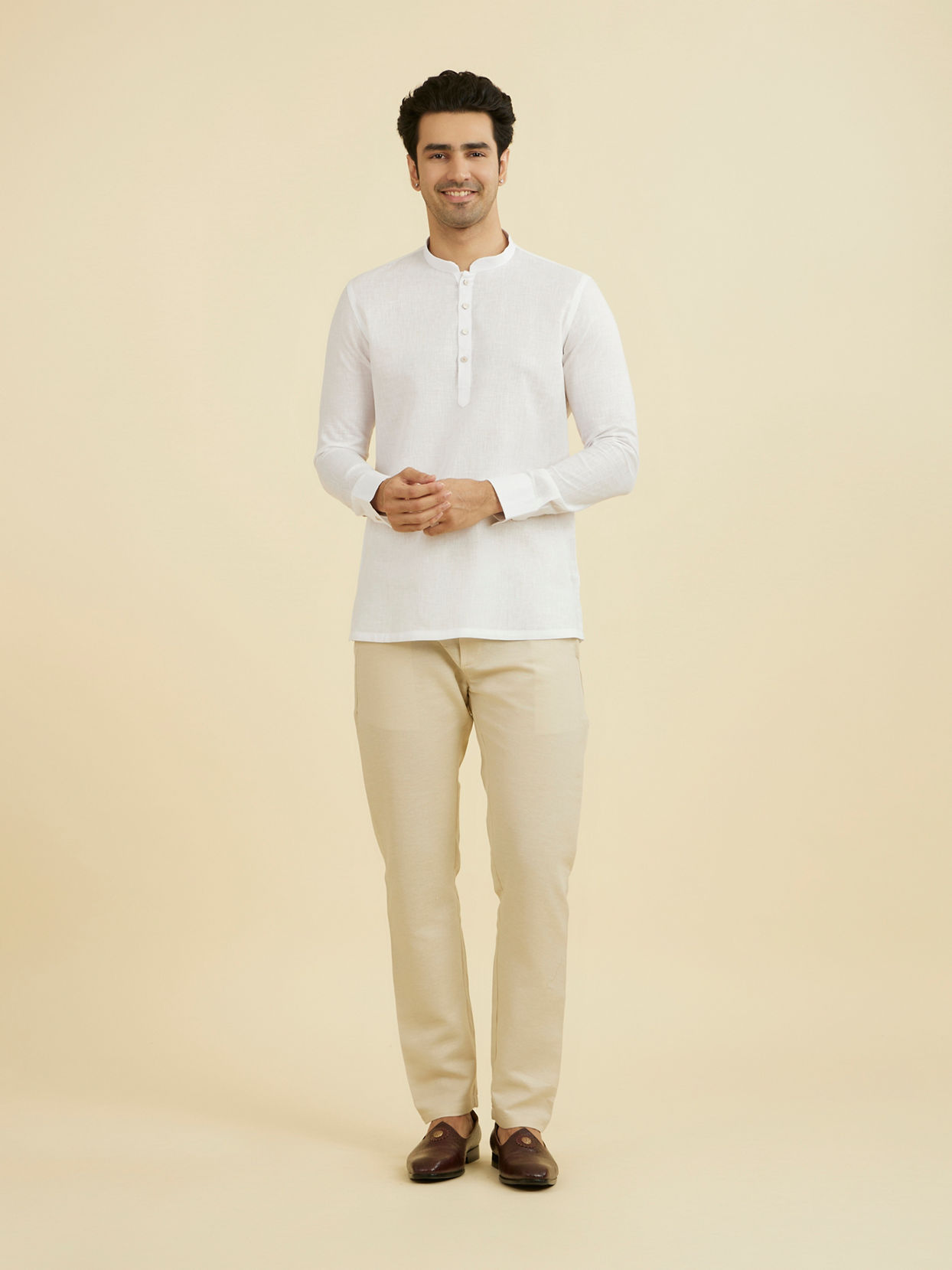 Manyavar Men White Linen Short Kurta