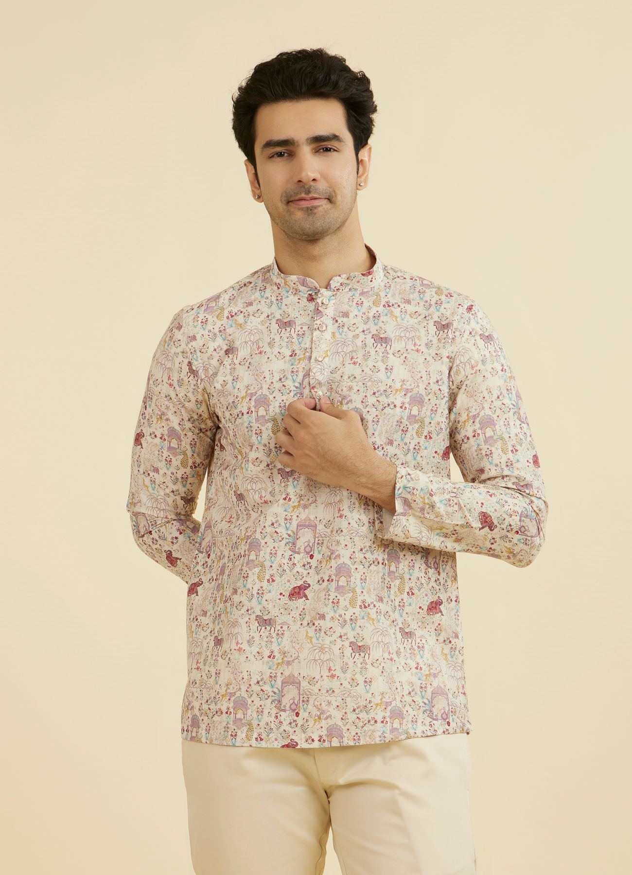 Manyavar Men Cream Splendor Short Kurta