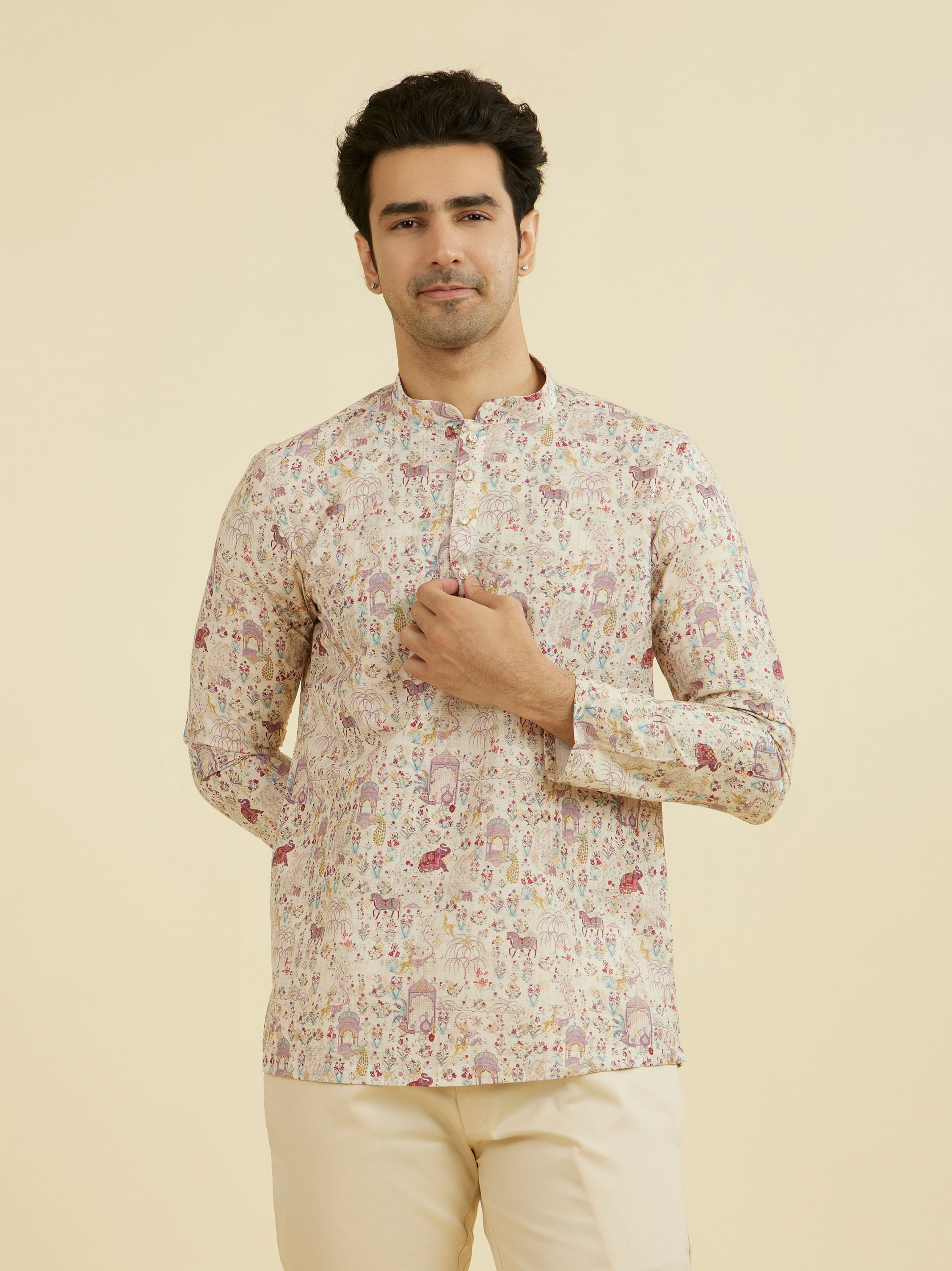 Manyavar Men Cream Splendor Short Kurta
