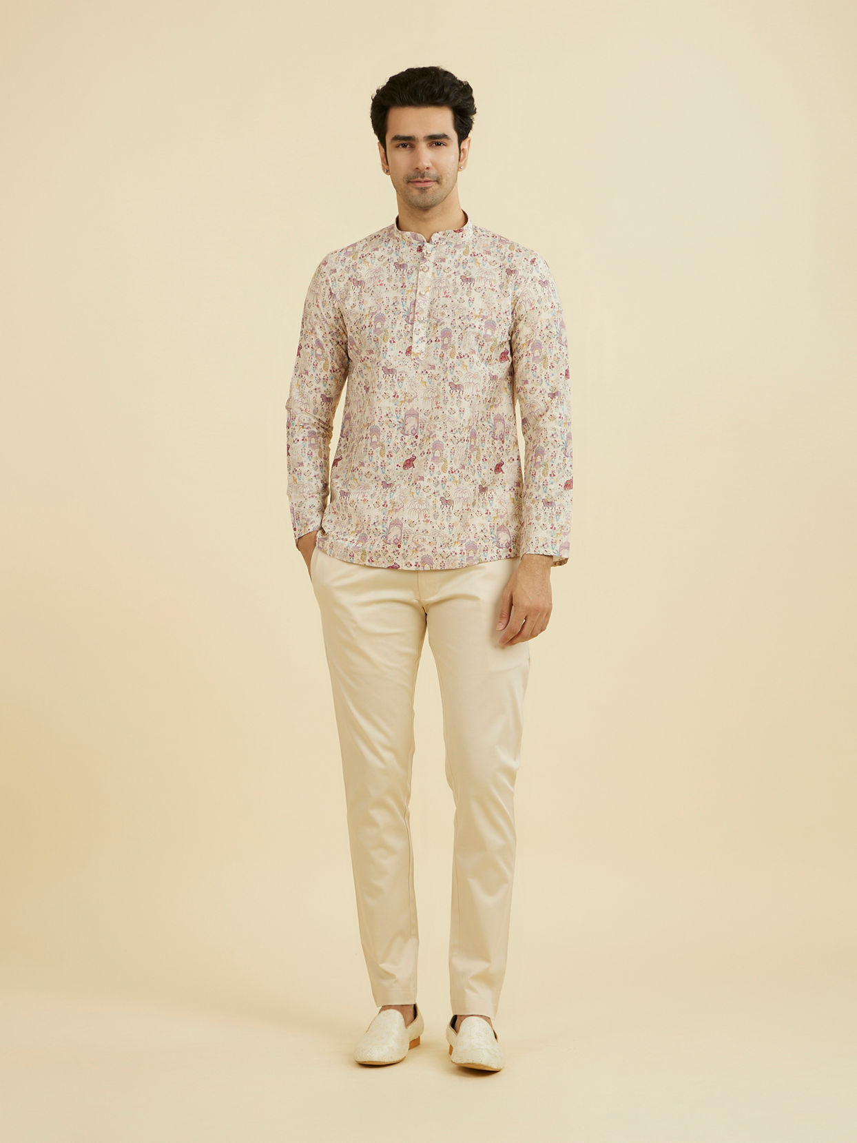 Manyavar Men Cream Splendor Short Kurta