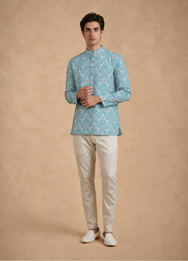 Manyavar Men Green Blended Cotton Printed Short Kurta
