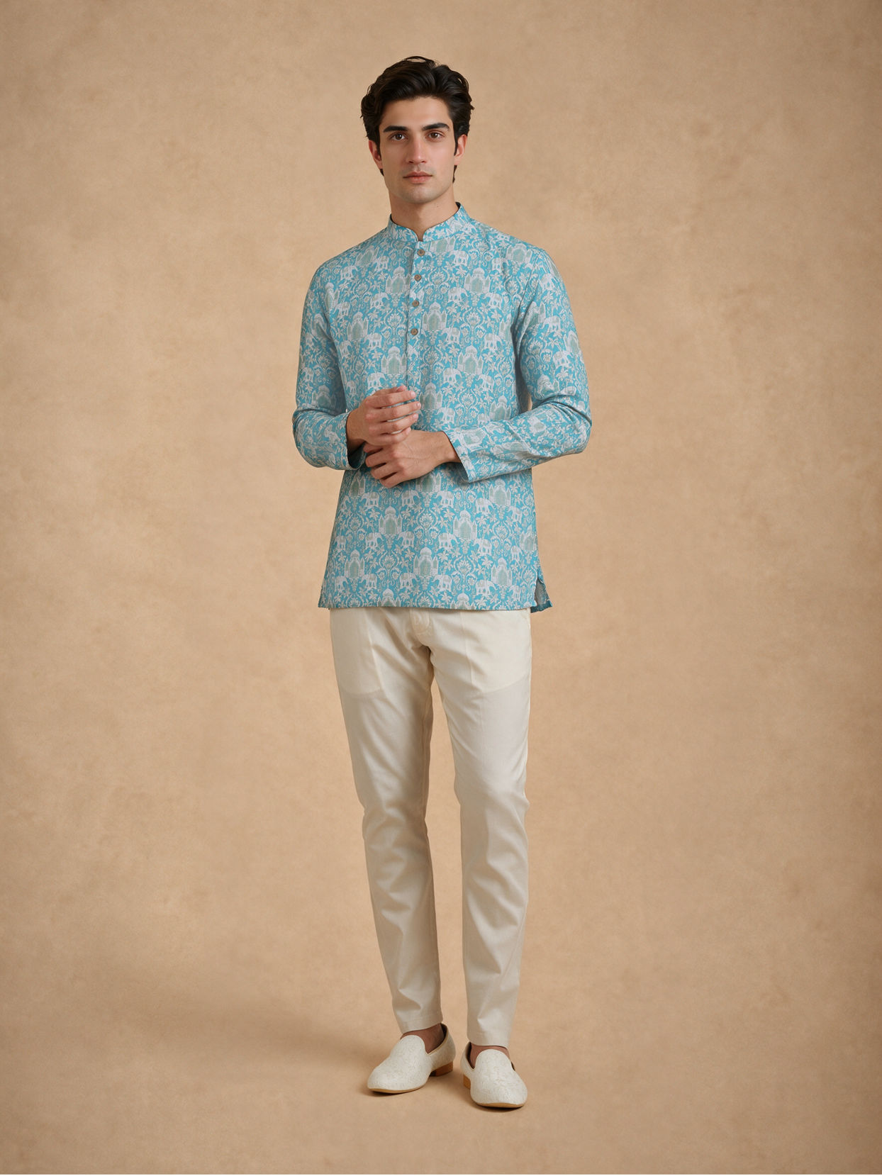 Manyavar Men Green Blended Cotton Printed Short Kurta