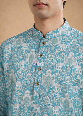 Manyavar Men Green Blended Cotton Printed Short Kurta