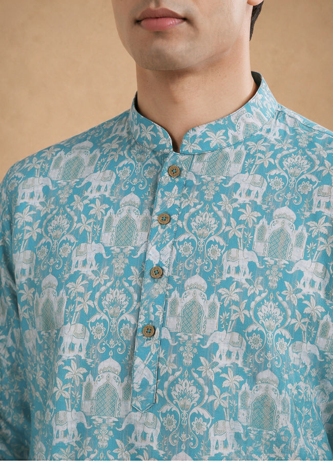 Manyavar Men Green Blended Cotton Printed Short Kurta