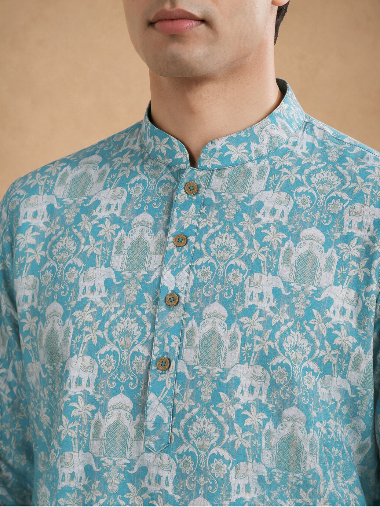 Manyavar Men Green Blended Cotton Printed Short Kurta