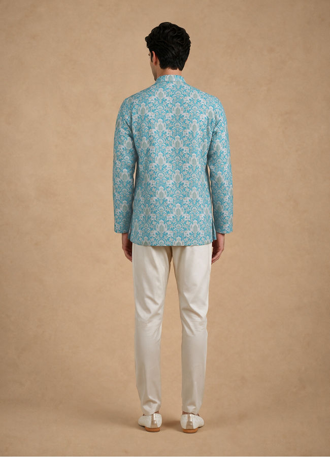 Manyavar Men Green Blended Cotton Printed Short Kurta