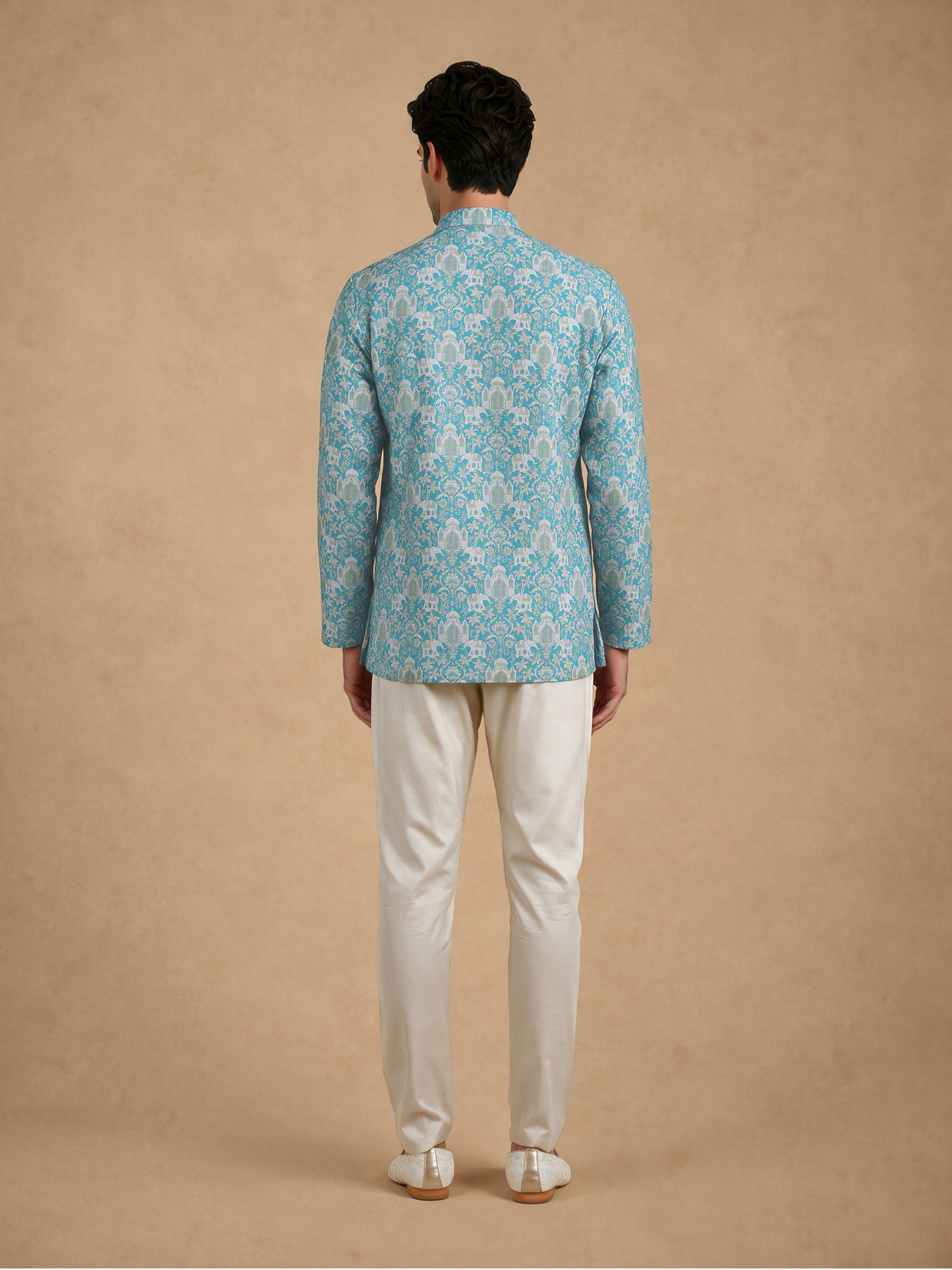 Manyavar Men Green Blended Cotton Printed Short Kurta