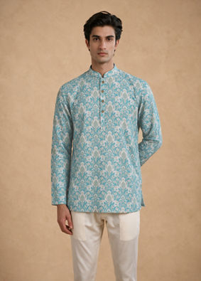 Manyavar Men Green Blended Cotton Printed Short Kurta