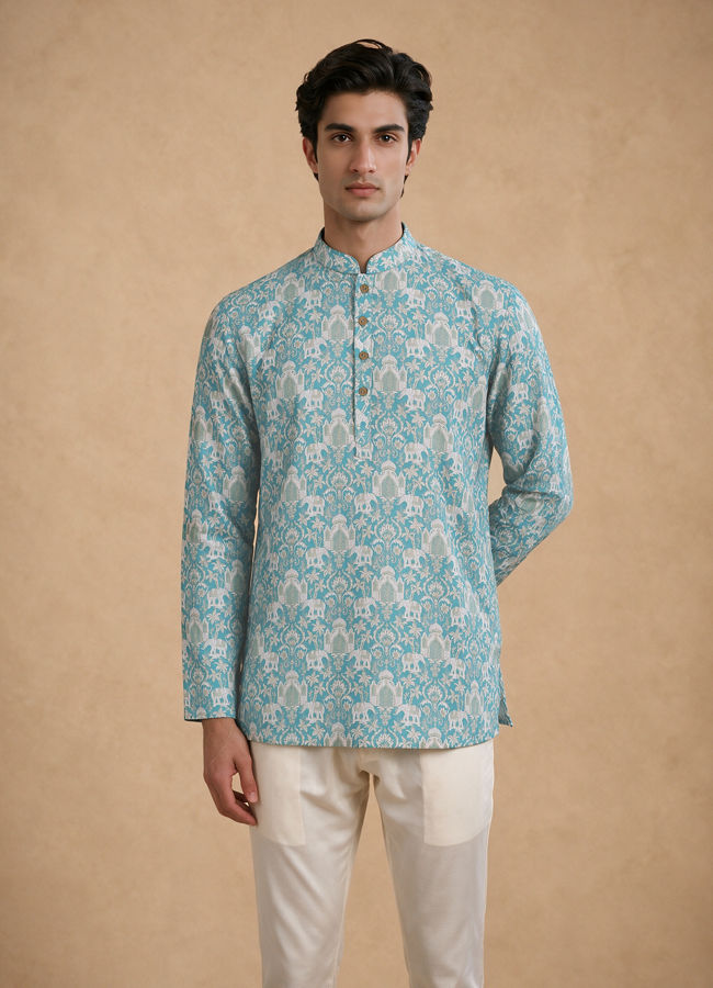 Manyavar Men Green Blended Cotton Printed Short Kurta