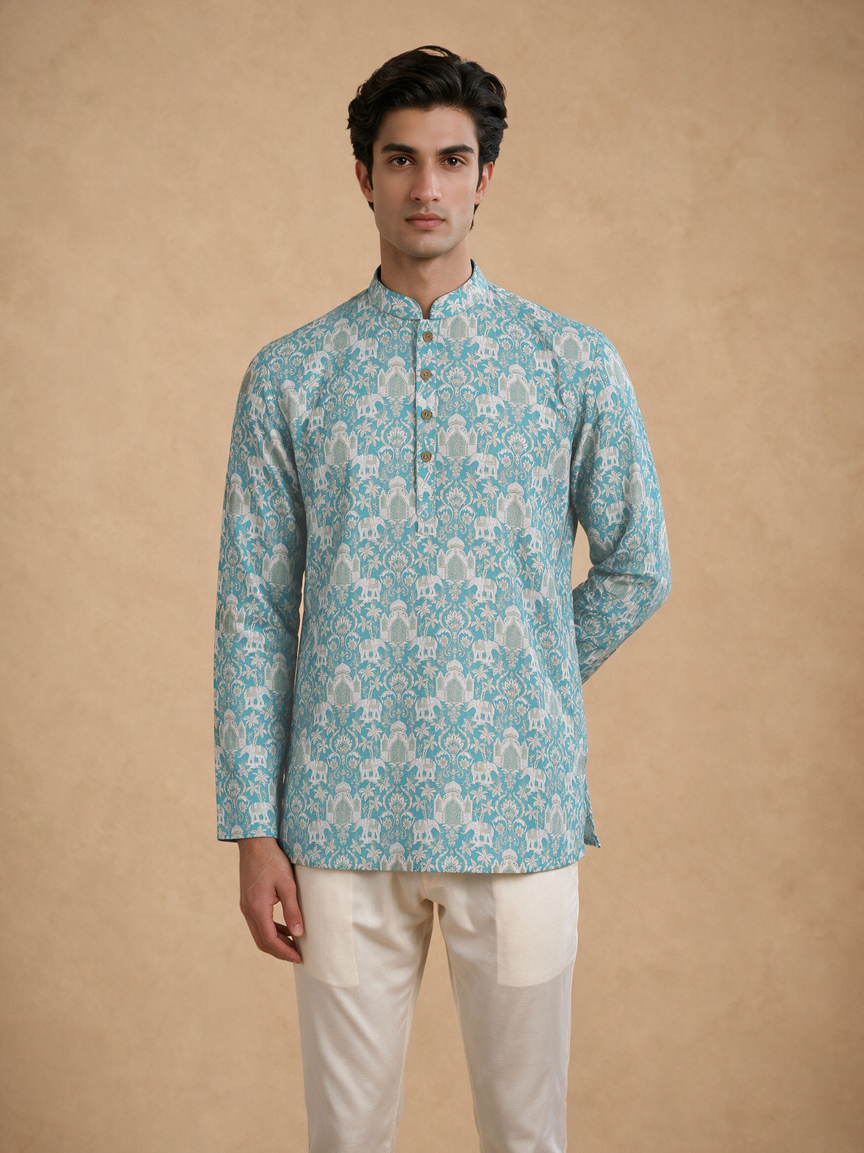 Manyavar Men Green Blended Cotton Printed Short Kurta