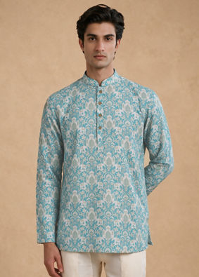 Manyavar Men Green Blended Cotton Printed Short Kurta