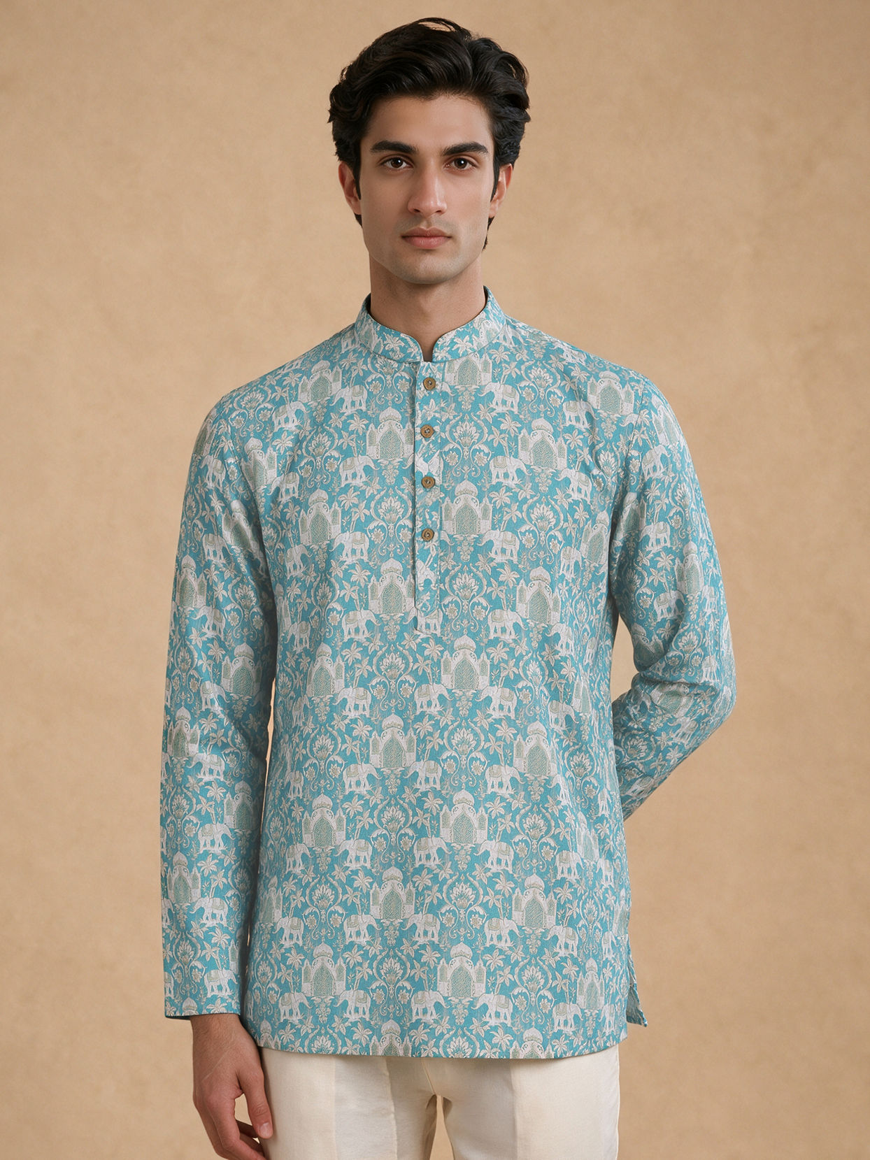 Manyavar Men Green Blended Cotton Printed Short Kurta