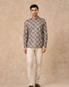 Manyavar Men Olive Green Blended Cotton Printed Short Kurta