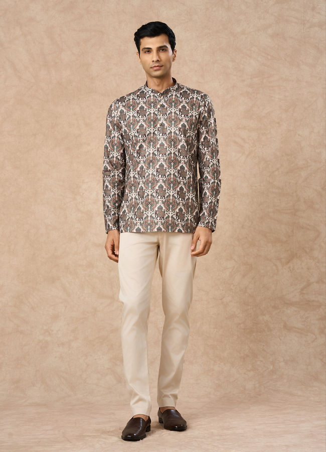 Manyavar Men Olive Green Blended Cotton Printed Short Kurta
