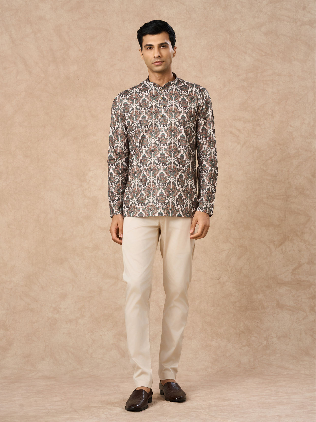 Manyavar Men Olive Green Blended Cotton Printed Short Kurta