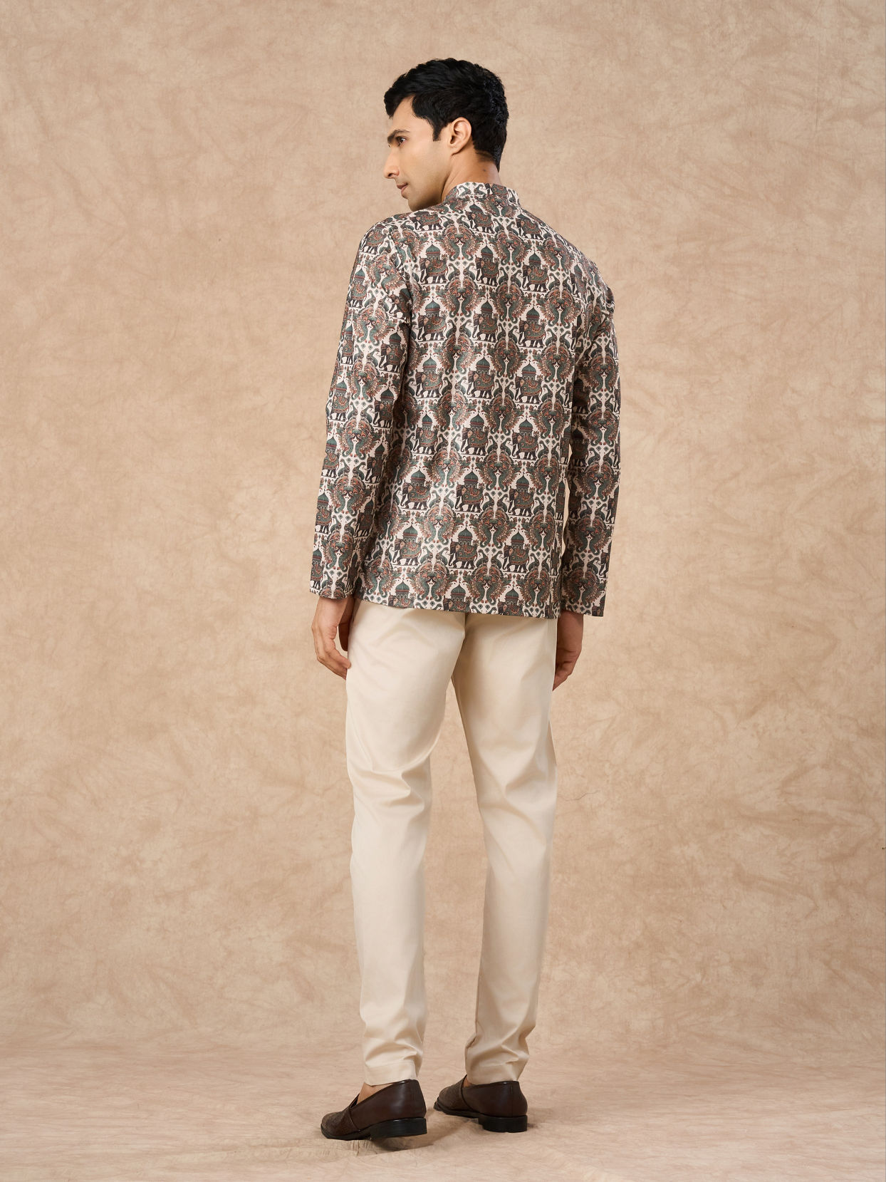 Manyavar Men Olive Green Blended Cotton Printed Short Kurta