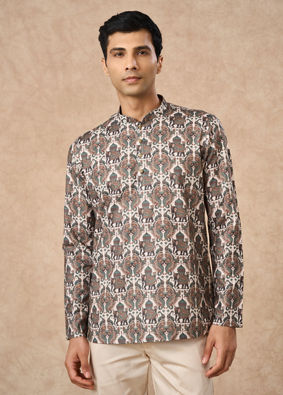 Manyavar Men Olive Green Blended Cotton Printed Short Kurta