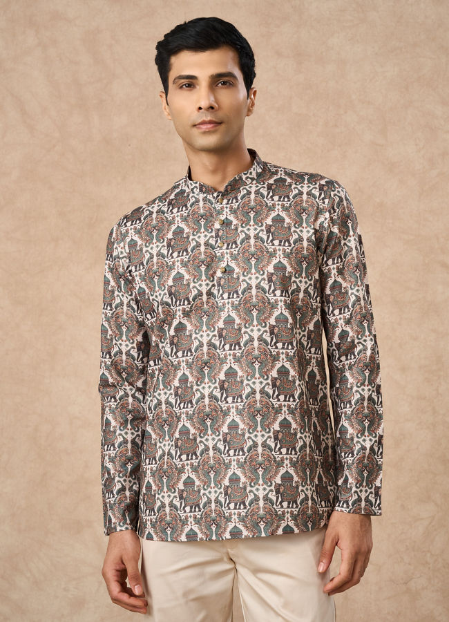 Manyavar Men Olive Green Blended Cotton Printed Short Kurta